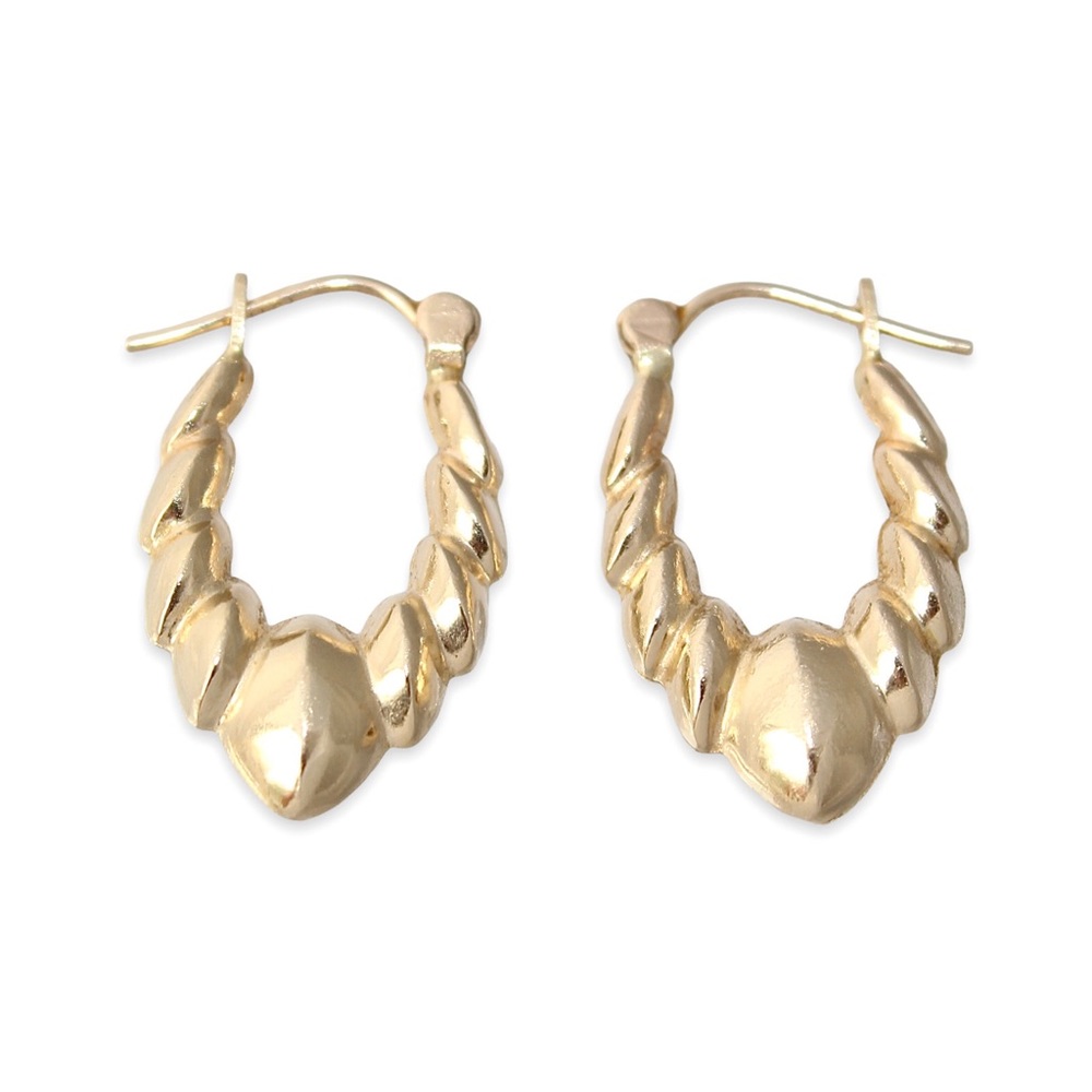 Vintage 14K Gold Ribbed Hoop Earrings Scalloped Shrimp Style Hoops Puffed Oval